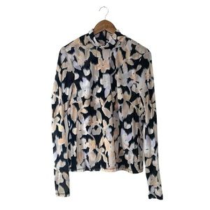 Cabi Floral Long Sleeve Mesh Mock Neck Shirt Pink Black Casual Sheer Size Large